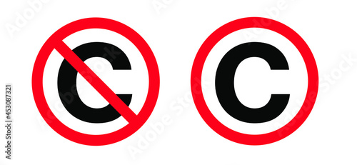 Copyright free, without legal recognition. C or ©; symbol. No Copyright icon. Free to use in the public domain. Non Copyrighted pictogram. Flat vector sign