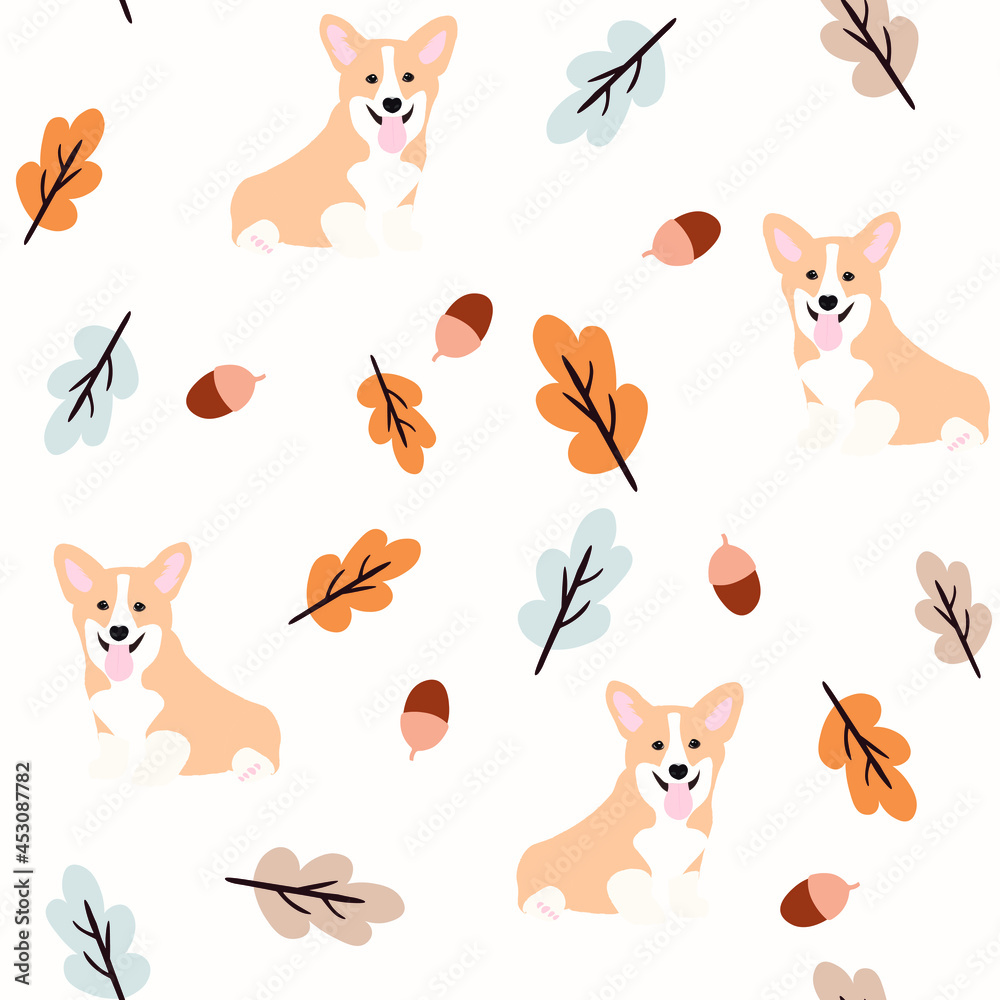 Seamless illustration with corgi, dog, acorns and autumn leaves. Perfect for wallpaper, gift paper, template filler, web page background, fall greeting cards.Vector illustration