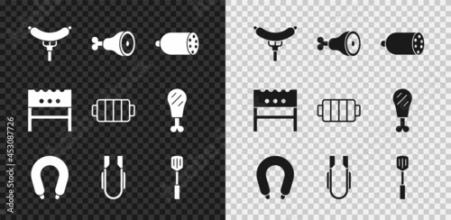 Set Sausage on the fork, Chicken leg, Salami sausage, Meat tongs, Barbecue spatula, BBQ brazier and grill icon. Vector