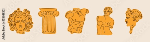 Antique statues. Ancient greek sculptures hand drawn one continuous line. David torso, goddess, medusa head. Vector art
