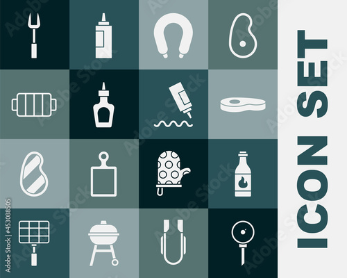 Set Kitchen thermometer, Tabasco sauce, Steak meat, Sausage, Sauce bottle, Barbecue grill, fork and icon. Vector