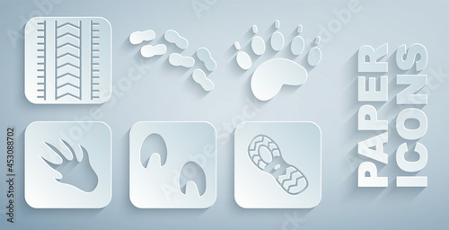 Set Horse paw footprint, Bear, Alligator crocodile, Human footprints shoes, and Tire track icon. Vector