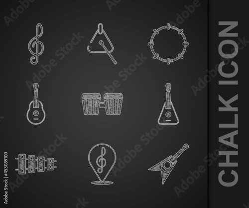 Set Drum, Treble clef, Electric bass guitar, Guitar, Xylophone, Tambourine and icon. Vector
