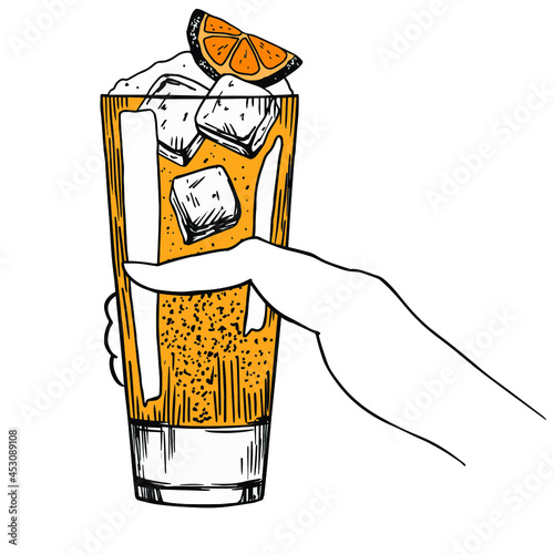 Glass of screwdriver in woman hand. Hand drawn sketch, engraving. Stock vector illustration.