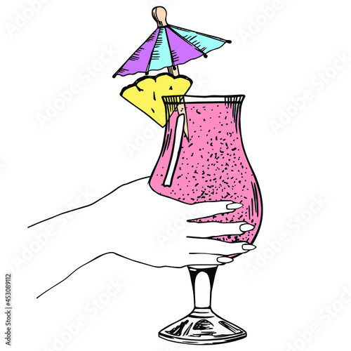 Glass of mai tai in woman hand. Hand drawn sketch, engraving. Stock vector illustration.