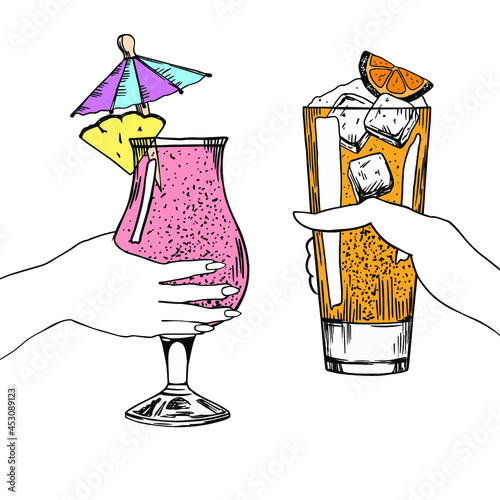 Glasses in woman hand. Mai tai and Screwdriver cocktails. Hand drawn sketch, engraving. Stock vector illustration.