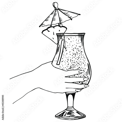 Glass of mai tai in woman hand. Hand drawn sketch, engraving. Stock vector illustration.