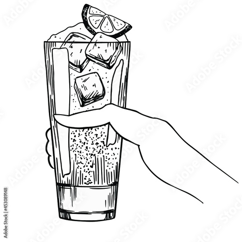 Glass of screwdriver in woman hand. Hand drawn sketch, engraving. Stock vector illustration.