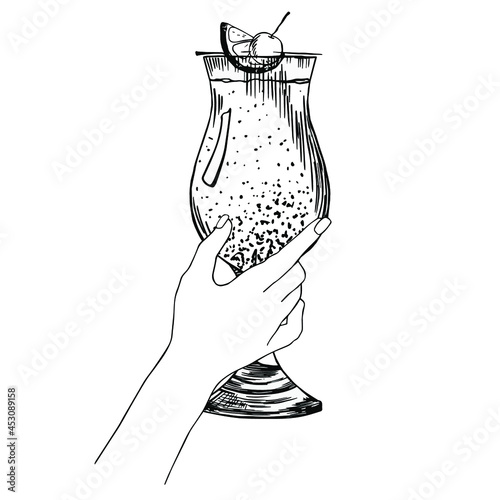 Glass of blue lagoon in woman hand. Hand drawn sketch, engraving. Stock vector illustration.