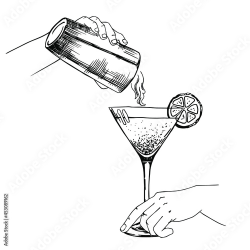 The hands of the bartender. Mixing the drink. Stock vector illustration