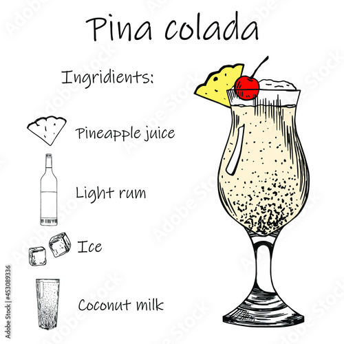 Drink recipe. Pina colada. Stock vector illustration