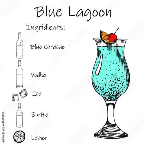 Drink recipe. Blue Lagoon. Stock vector illustration