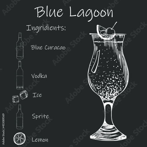 Drink recipe. Blue Lagoon. Stock vector illustration