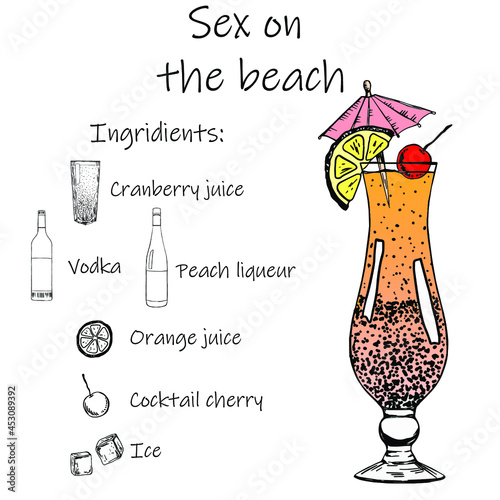Drink recipe. Sex on the beach. Stock vector illustration