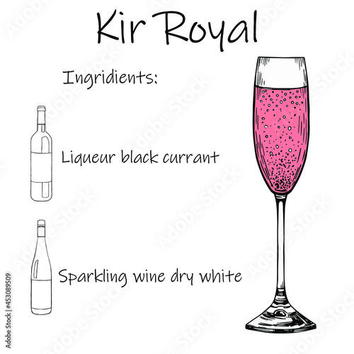 Drink recipe. Kir Royal. Stock vector illustration