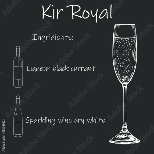 Drink recipe. Kir Royal. Stock vector illustration