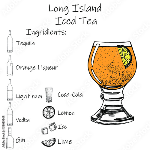 Drink recipe. Long Island Ice Tea. Stock vector illustration