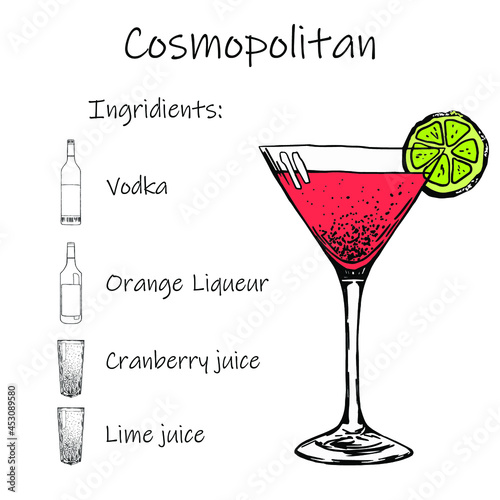 Drink recipe. Cosmopolitan. Stock vector illustration