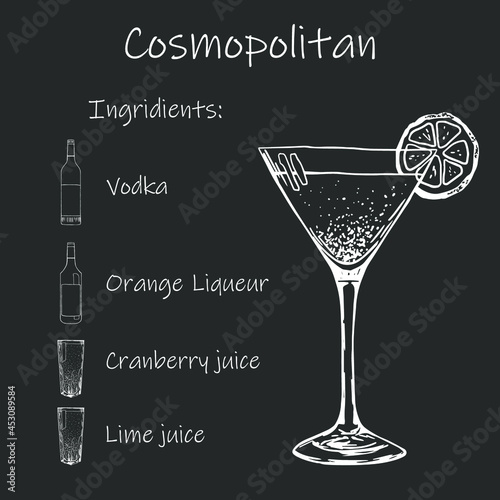 Drink recipe. Cosmopolitan. Stock vector illustration