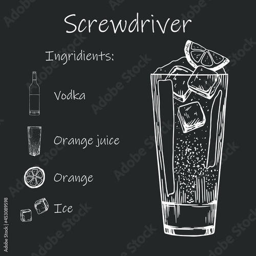 Drink recipe. Screwdriver. Stock vector illustration