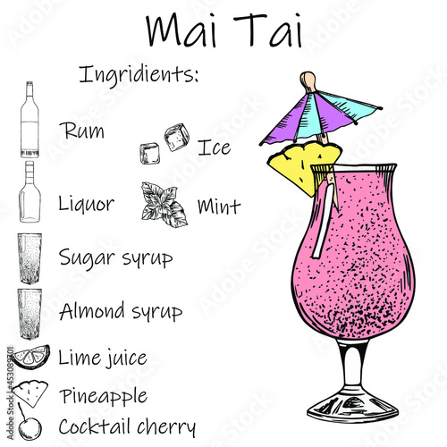 Drink recipe. Mai Tai. Stock vector illustration