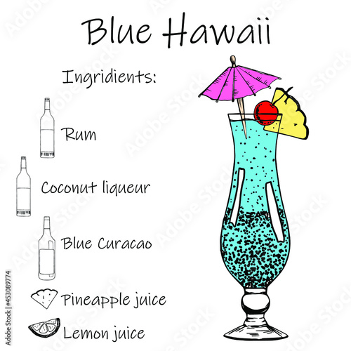 Drink recipe. Blue Hawaii. Stock vector illustration