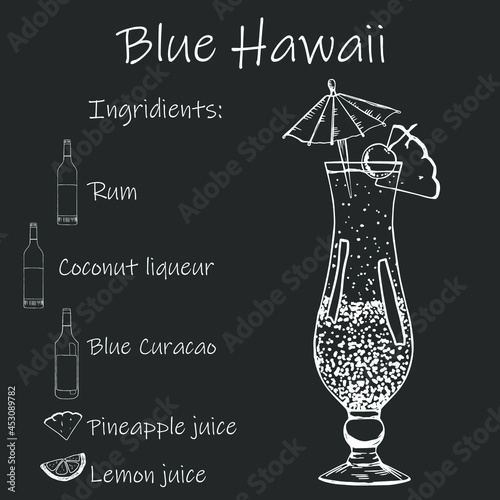 Drink recipe. Blue Hawaii. Stock vector illustration