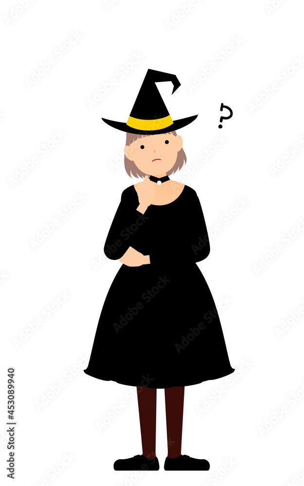 ハロウィンの仮装、魔女姿の女の子が腕組みして悩むポーズ