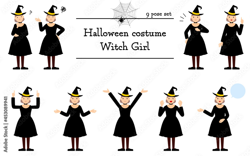 ハロウィンの仮装 魔女姿の女の子のポーズセット 話す 悩む 指さし 他 Stock Vector Adobe Stock