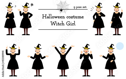 ハロウィンの仮装、魔女姿の女の子のポーズセット～話す・悩む・指さし・他～