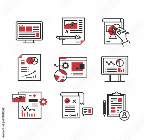 business icons and office documents, business teamwork, team building, workgroup and human resources minimal thin line web icon set. Collection of outline icons. Simple vector illustration