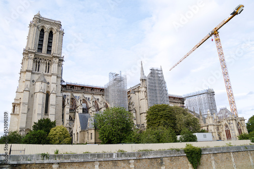 Notre Dame Cathedral with visible structure after the fire, Paris, France