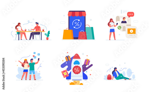 People use gadgets. set of icons, illustration. Smartphones tablets user interface social media , vacation, blog, blogger. Flat illustration Icons infographics. Landing page site print poster.