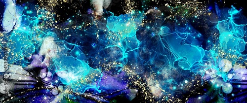 Bright blue background  abstract galaxy art  space concept idea  alcohol ink technique  modern wallpaper art for print  hand drawn graphic