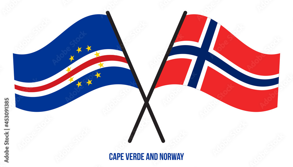 Cape Verde and Norway Flags Crossed And Waving Flat Style. Official Proportion. Correct Colors.