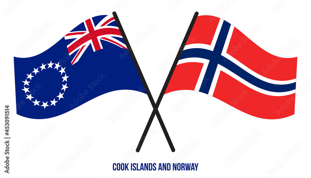 Cook Islands and Norway Flags Crossed And Waving Flat Style. Official Proportion. Correct Colors.
