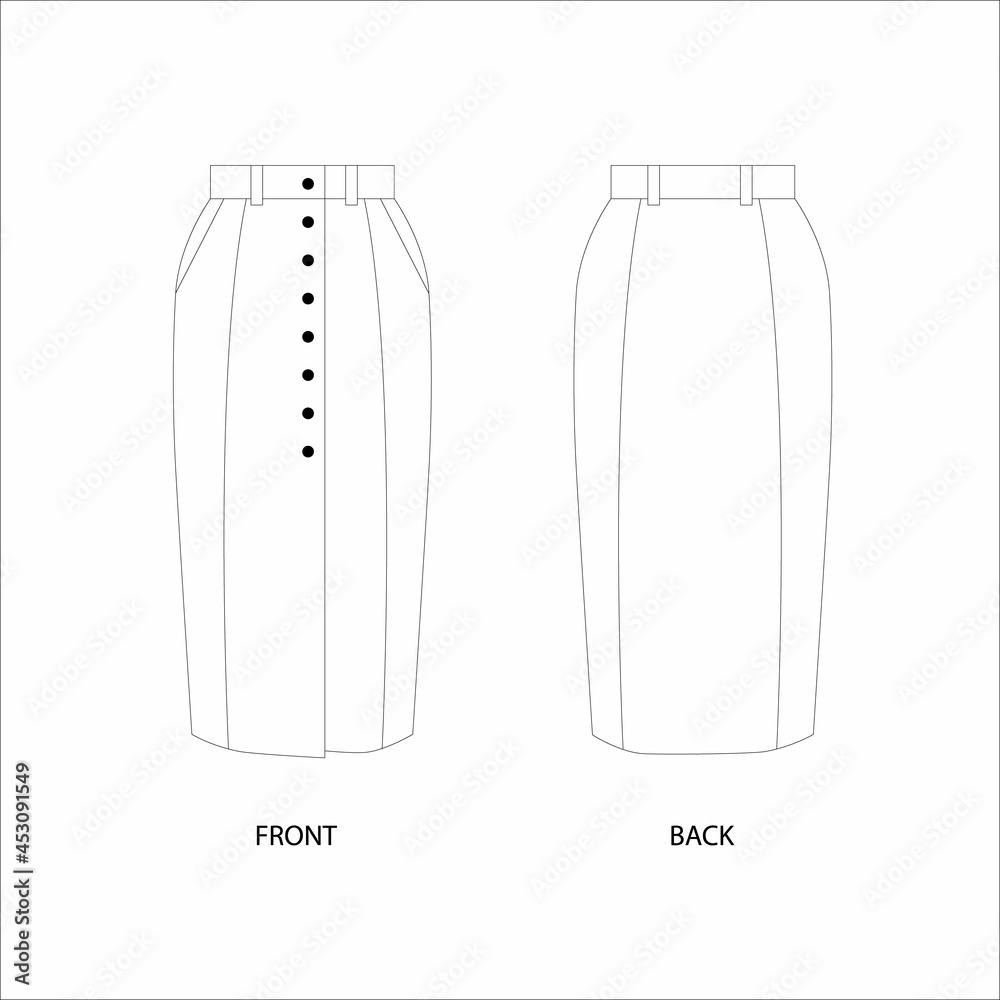 Midi skirt with a slit in the front. Skirt line drawing. Front buttoned pencil skirt. Skirt template vector. Midi skirt with a slit in the front. Skirt line drawing. Front buttoned pencil skirt. Skirt template vector.