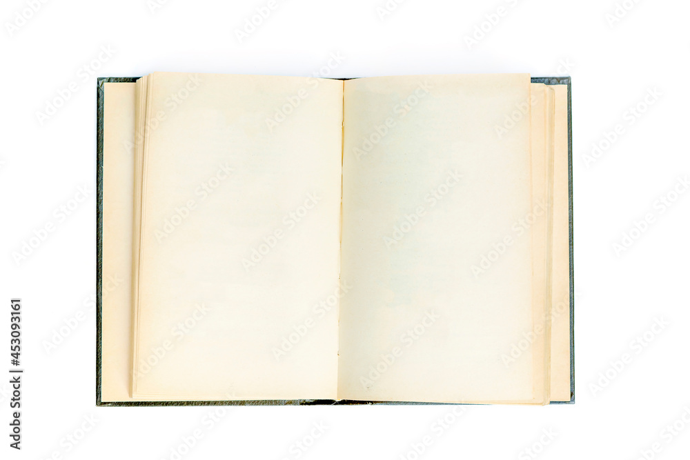Open blank notebook isolated on white background. Blank book, top view. Vintage Open blank notebook isolated on white background. Blank book, top view. Vintage