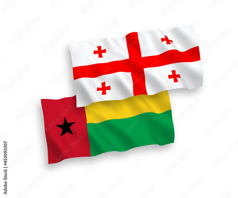 Obraz premium National vector fabric wave flags of Republic of Guinea Bissau and Georgia isolated on white background. 1 to 2 proportion.