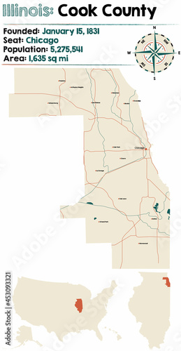 Large and detailed map of Cook county in Illinois, USA. photo