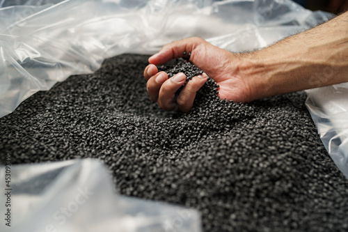 Cuadro en lienzo Close up of male hand holding plastic polymer granules