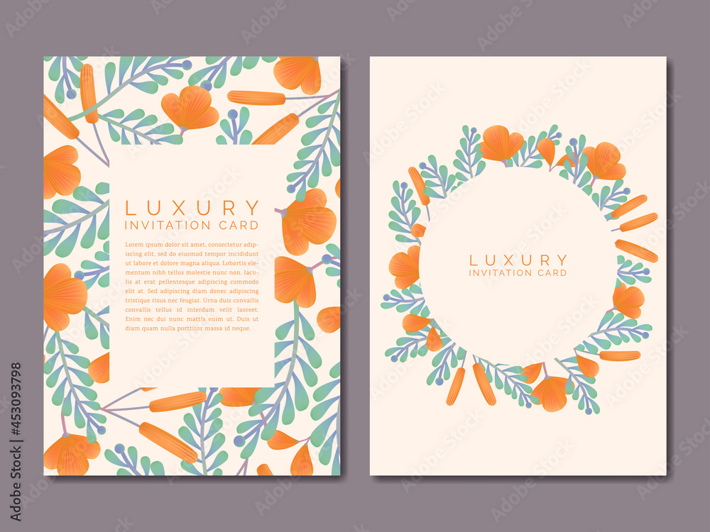 Vector Vintage Spring or Summer Floral Drawing Pattern Luxury Invitation Card or Poster. Pink, Orange and Blue.
