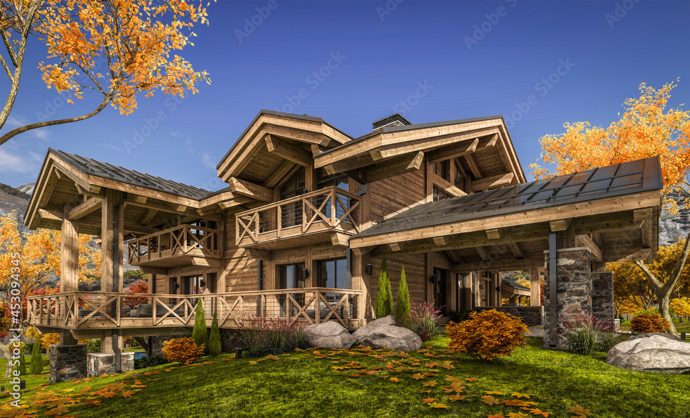 3d rendering of modern cozy chalet with pool and parking for sale or rent. Beautiful forest mountains on background. Massive timber beams columns. Clear sunny autumn day with golden leaves anywhere. 3d rendering of modern cozy chalet with pool and parking for sale or rent. Beautiful forest mountains on background. Massive timber beams columns. Clear sunny autumn day with golden leaves anywhere.