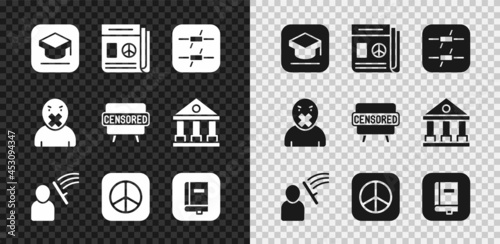 Set Graduation cap, News, Barbed wire, Police beat human, Peace, Law book, Censor and freedom of speech and Censored stamp icon. Vector