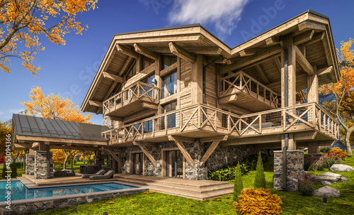 3d rendering of modern cozy chalet with pool and parking for sale or rent. Beautiful forest mountains on background. Massive timber beams columns. Clear sunny autumn day with golden leaves anywhere.
