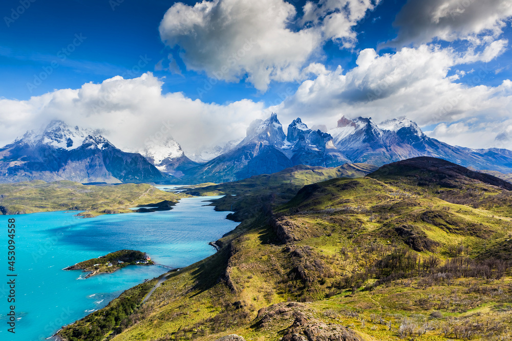 Amazing mountain landscape with Los Cuernos rocks and Lake Pehoe in Torres del Paine national park, Patagonia, Chile