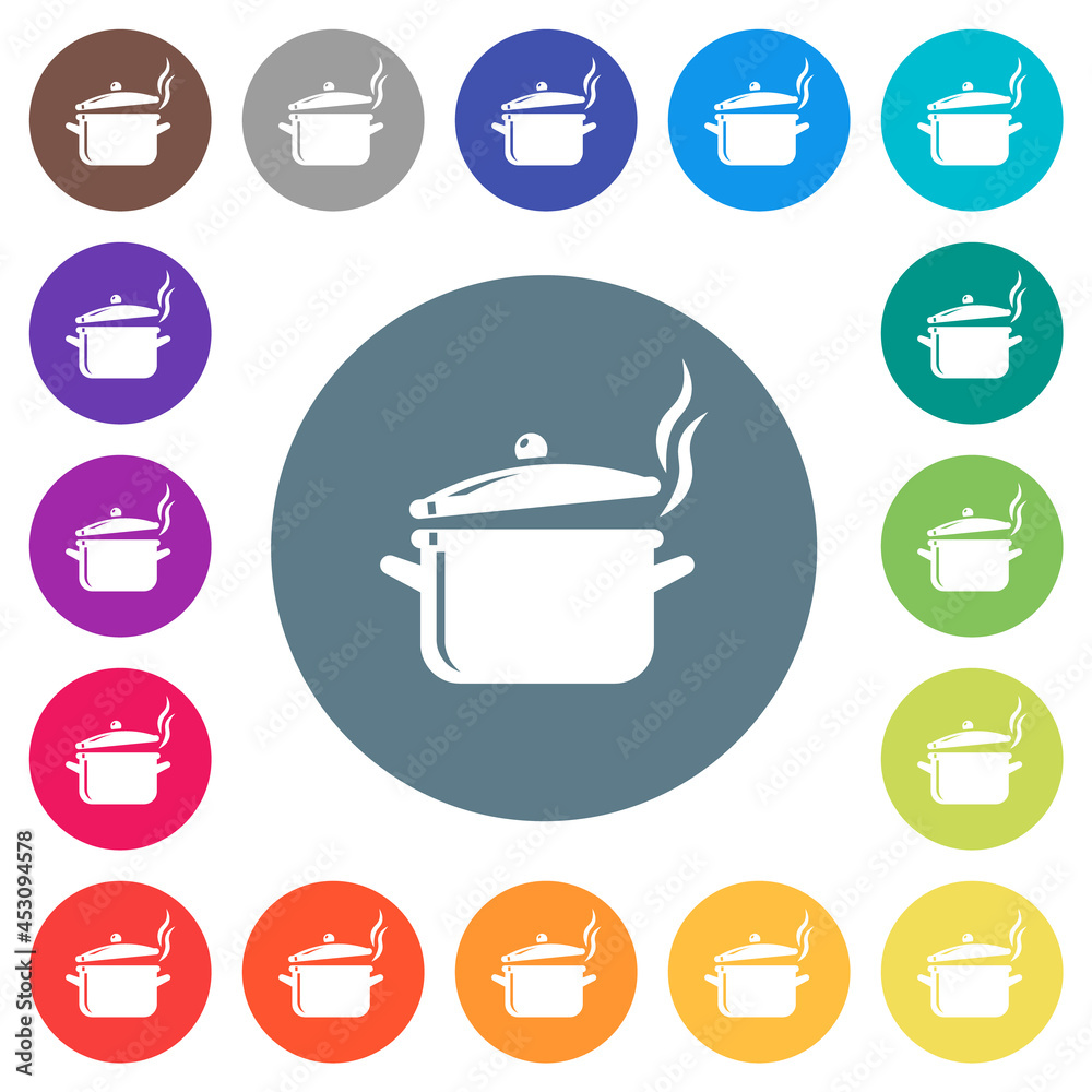 Steaming glossy pot with lid flat white icons on round color backgrounds Steaming glossy pot with lid flat white icons on round color backgrounds