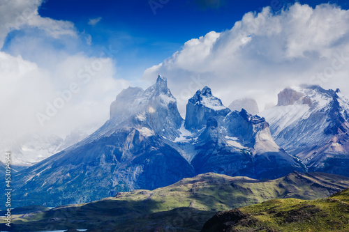 Amazing mountain landscape with Los Cuernos rocks and Lake Pehoe in Torres del Paine national park  Patagonia  Chile