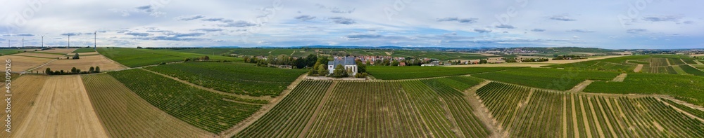Panorama from a bird's eye view of the wine-growing area near Flonheim / Germany with the Adelberg Trullo