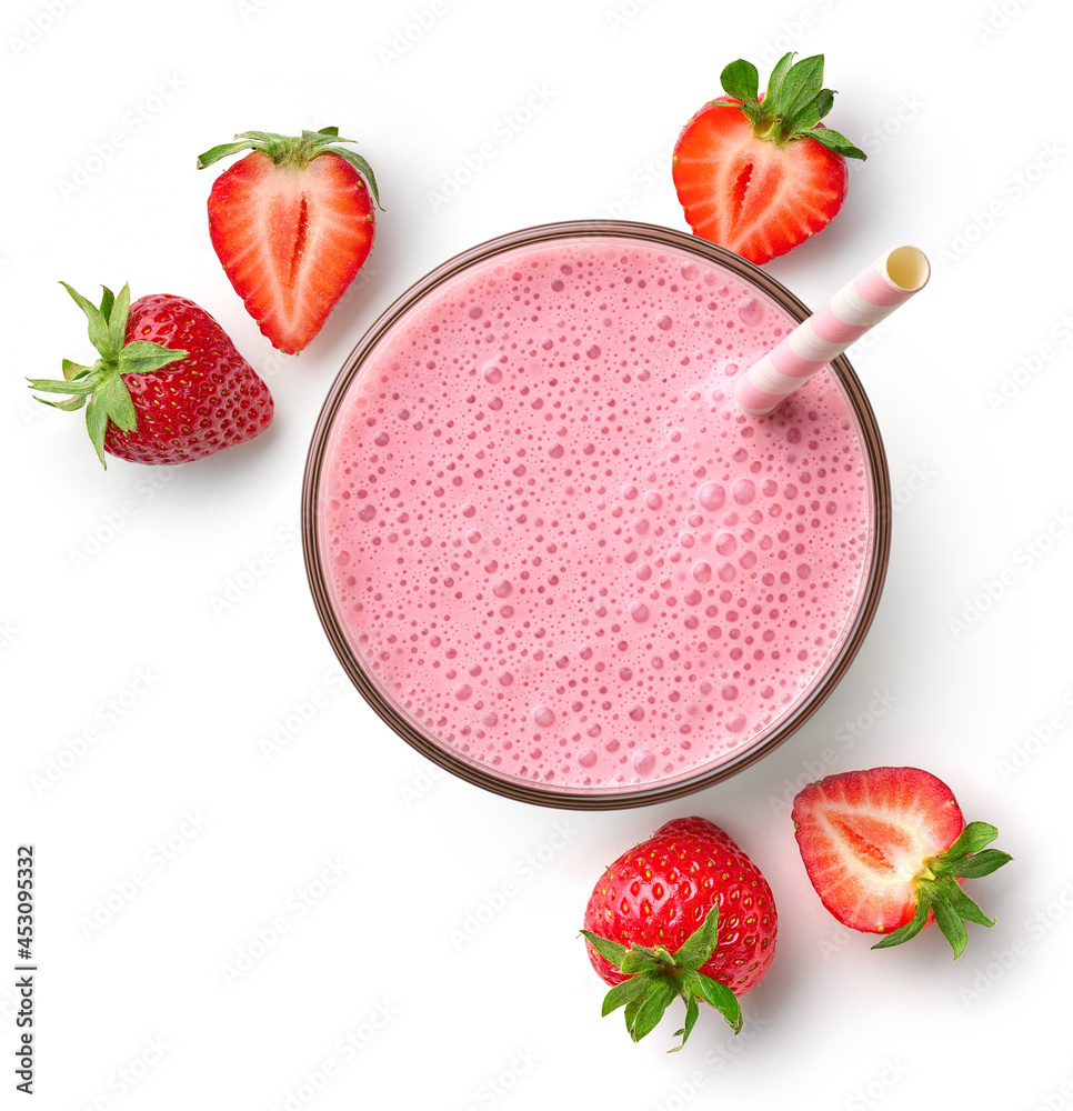 Glass of fresh strawberry milkshake isolated on white background - obrazy, fototapety, plakaty 